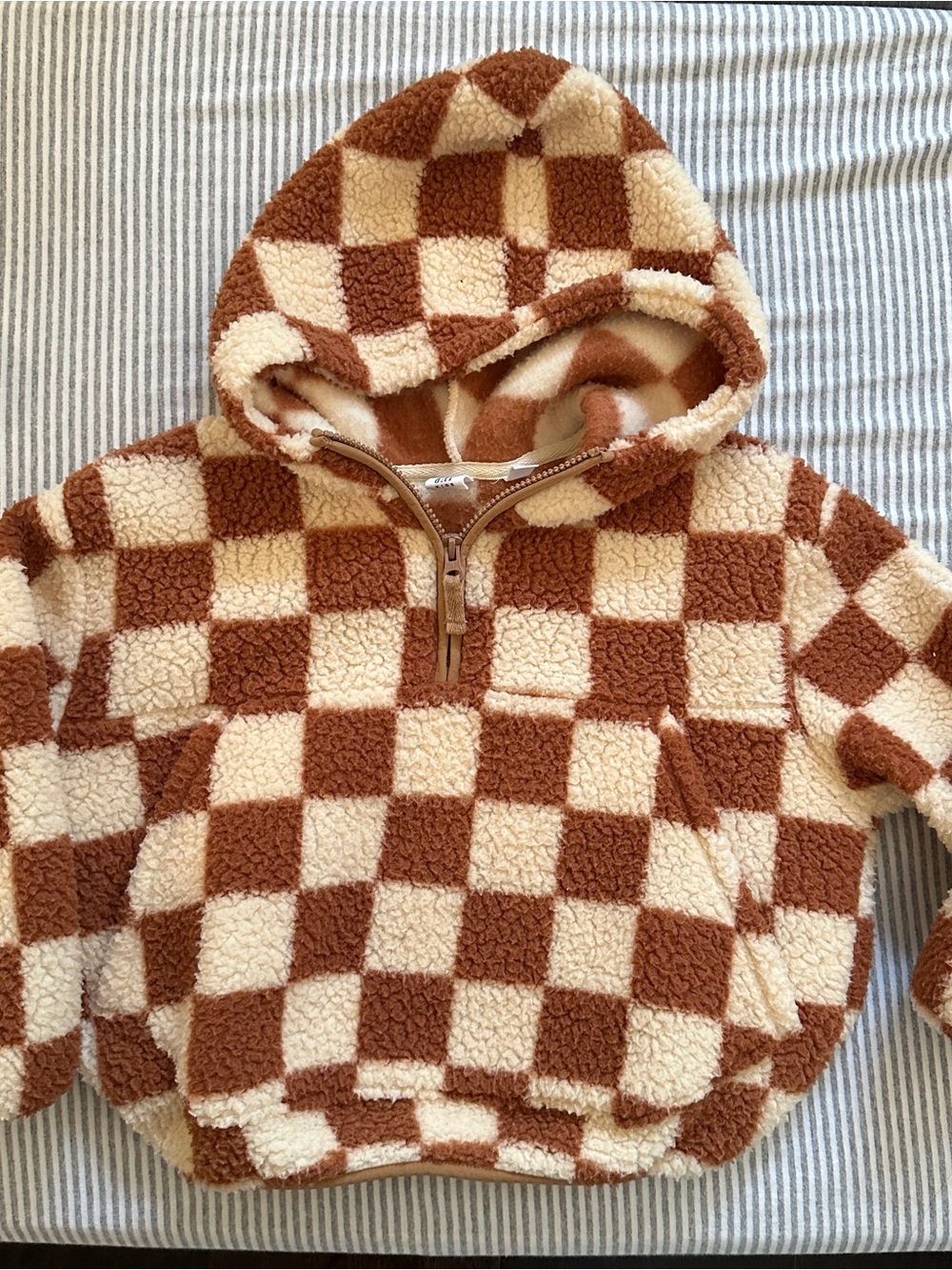 Kids Checkerboard Sherpa Hoodie Jacket - Brown & Cream